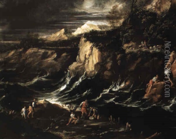 Waves Cutting Through Cliffs With Figures On The Shore Oil Painting - Marco Ricci