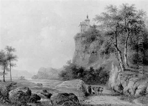 A River Valley With A Peasant Woman And Donkeys On A Path, A Castle On A Hilltop Beyond Oil Painting - Pieter Caspar Christ