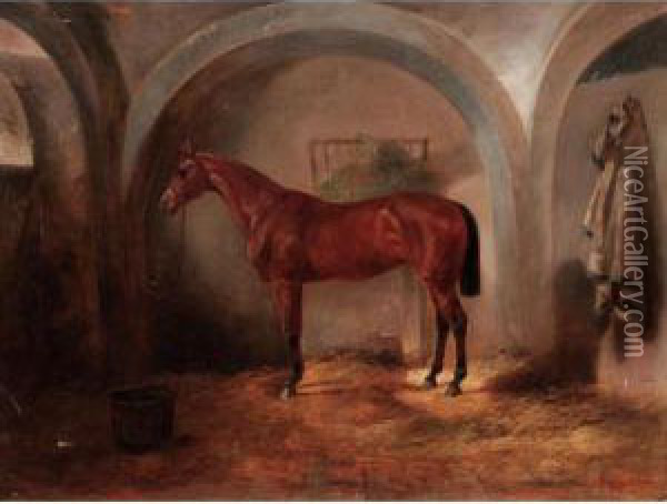 A Bay Hunter In A Stable Oil Painting - Joseph Heike