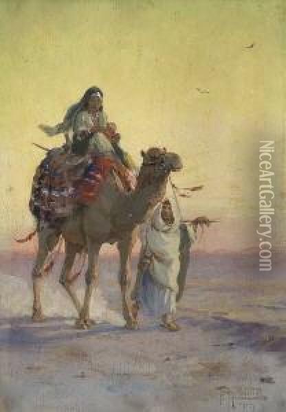 Beduinenfamilie Mit Kamel In Der
 Wuste. Oil Painting - Tony Binder