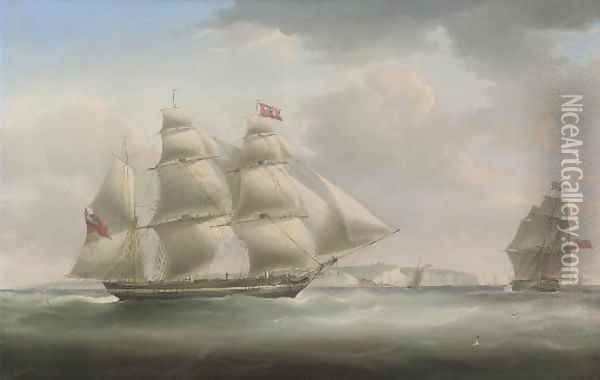 A postal packet in two positions, in the Channel off Dover, with the pilot cutter approaching Oil Painting - William John Huggins