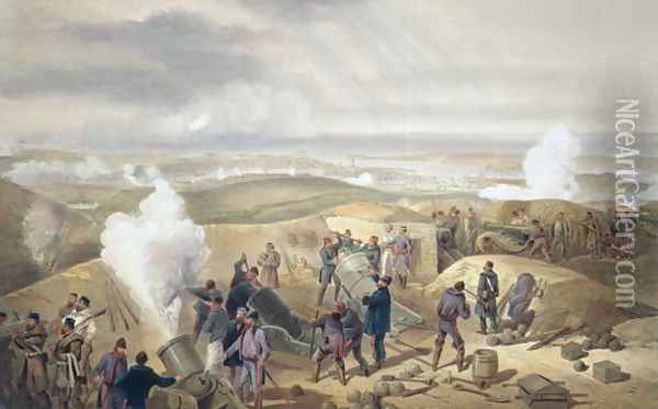 A Hot Day in the Batteries, plate from The Seat of War in the East, pub. by Paul and Dominic Colnaghi and Co., 1856 Oil Painting - William Simpson