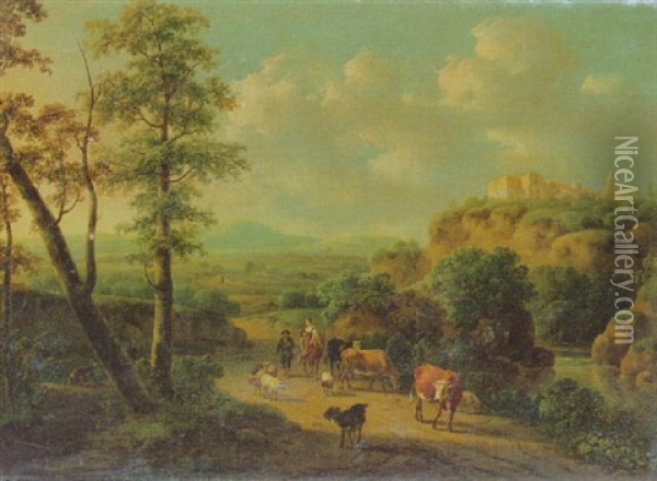 Peasants And Cattle In An Italianate Landscape Oil Painting - Cornelis ver Meulen