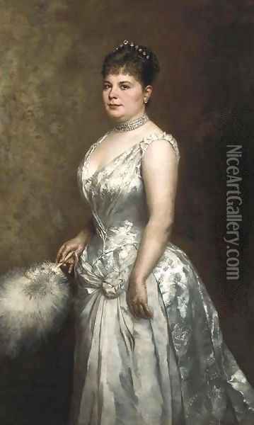 Portrait of an elegant lady wearing a white evening dress Oil Painting - Fritz Paulsen