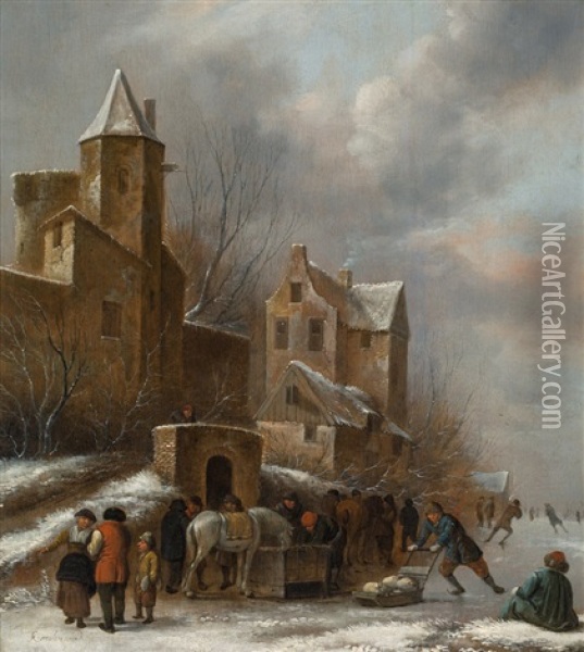 Eislaufer Vor Einer Stadt Oil Painting - Nicolaes Molenaer