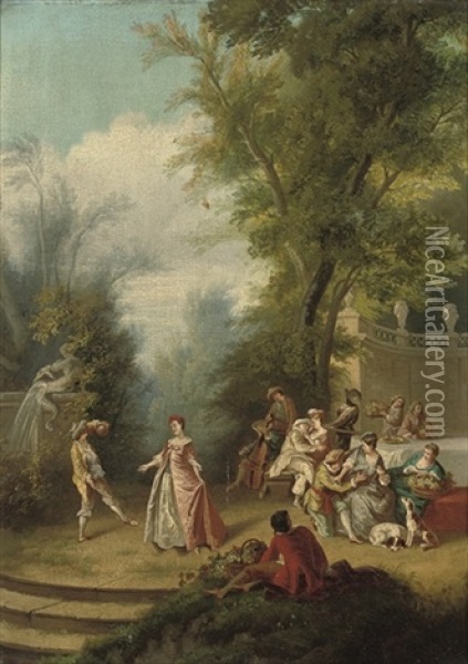 A Fete Champetre With Figures By A Fountain (+ A Fete Champetre With Figures Dining; Pair) Oil Painting - Nicolas Lancret