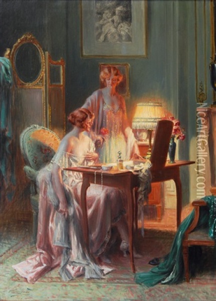 Two Ladies In A Boudoir Oil Painting - Delphin Enjolras