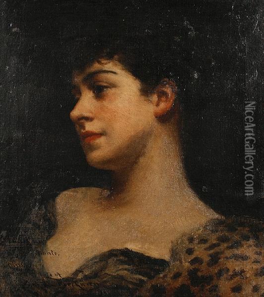 Bust Portrait Of Judy Fox - A Bacchante Oil Painting - James Carroll Beckwith