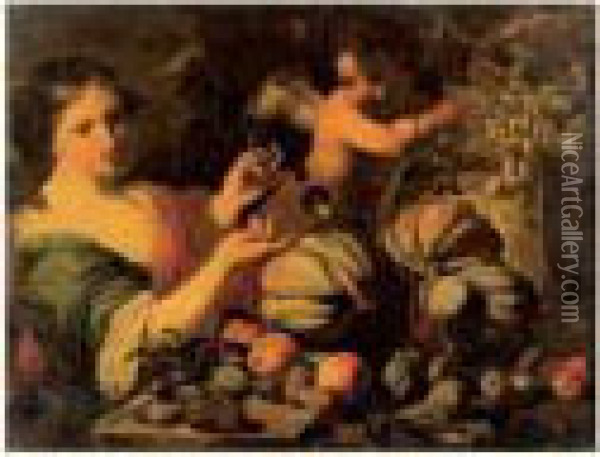Nature Morte De Fruits, Avec Femme Et Amour Oil Painting - Abraham Brueghel