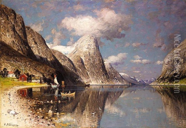 Fjordlandskap (a Fjord In Summer) Oil Painting - Adelsteen Normann