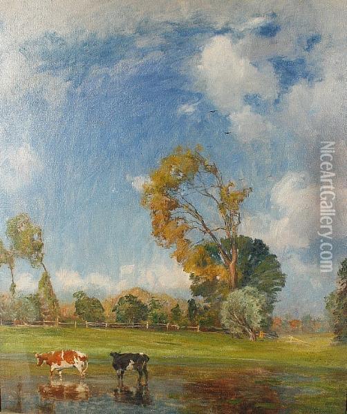 Cattle Watering On A Breezy Summer Day Oil Painting - Carl Langhammer