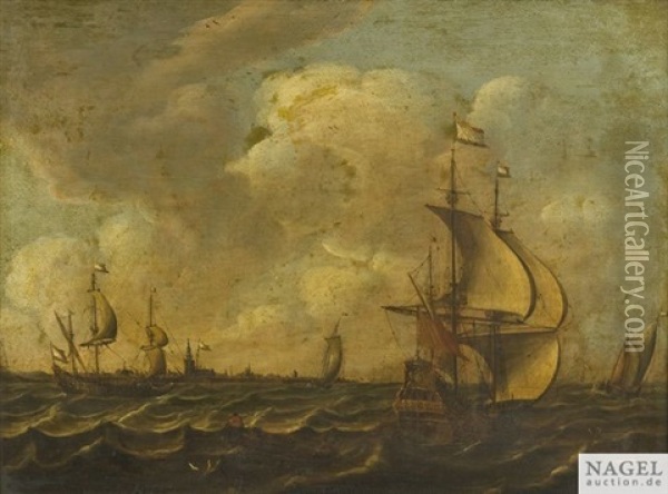 Segelschiffe Vor Der Silhouette Von Amsterdam Oil Painting - Pieter Van Der Croos