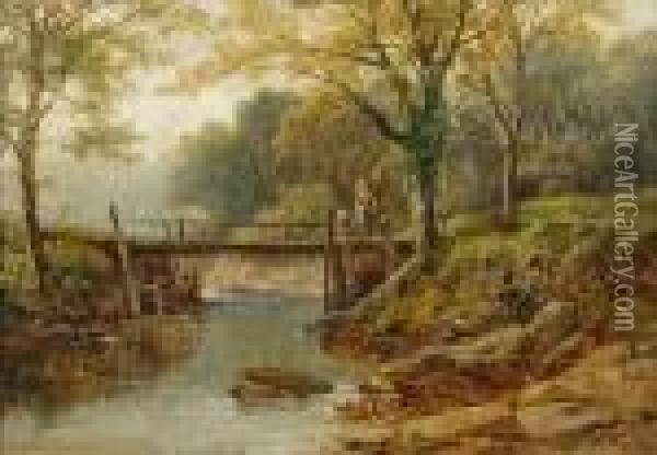 A Fisherman On A Bridge In The Dolgellau Valley Oil Painting - Benjamin Williams Leader
