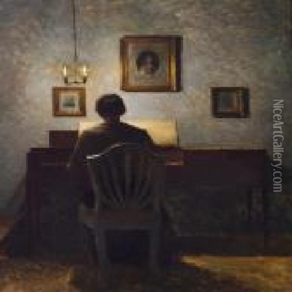 Interior With A Lady At A Spinet, Evening Light Oil Painting - Peder Vilhelm Ilsted