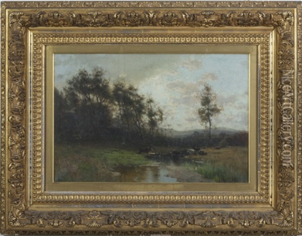 Landscape With Cattle Watering In A Stream Oil Painting - Arthur Parton