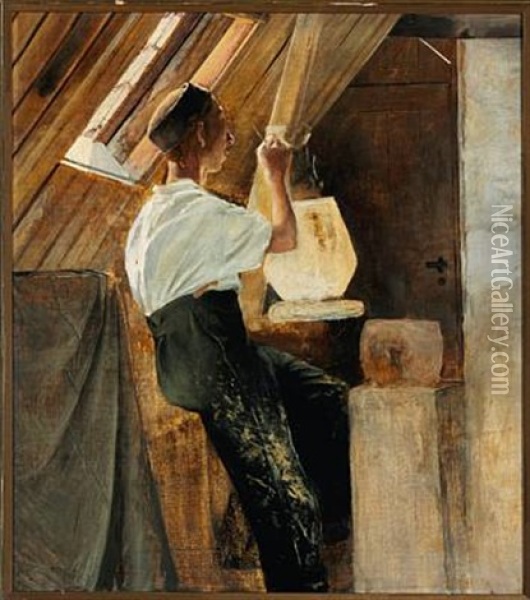 Tagkammerinterior Med En Pottemager Ved Sit Arbejde (a Potter At His Work In The Attic) Oil Painting - Laurits Andersen Ring