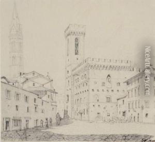 Palast Des Bargello Und Turm Der Badia Zu Florenz. 1836 Oil Painting - Georg Wagner