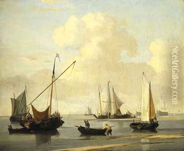 A kaag, a weyschuit and two rowing-boats off a sandbank in a calm, two men-o'-war and other shipping beyond Oil Painting - Willem van de Velde the Younger