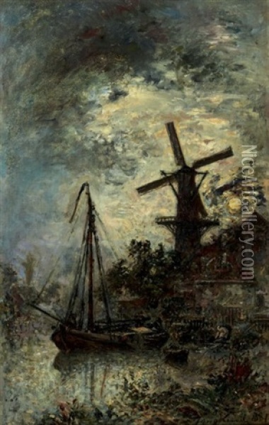 Monlin Et Bateau Au Clair De Lune Oil Painting - Johan Barthold Jongkind