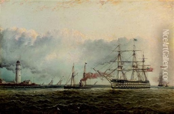 An American Ship Of The Line Under Tow Off A White Lighthouse Oil Painting - James Edward Buttersworth