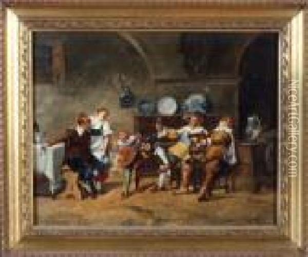 Tavern Interior With A Lutenist Entertaining Three Men And A Serving-girl Oil Painting - Guido Reni
