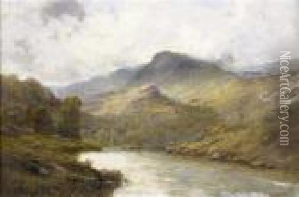 Fishing On A Highland River Oil Painting - Alfred de Breanski