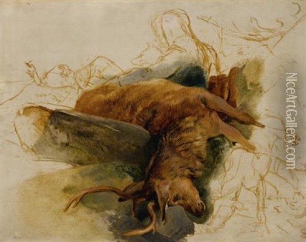 A Dead Stag, With Sketched Figures Of A Ghillie And Hounds Oil Painting - Sir Edwin Henry Landseer