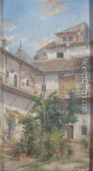 Courtyard, Spain Oil Painting - Jose Montenegro Cappell