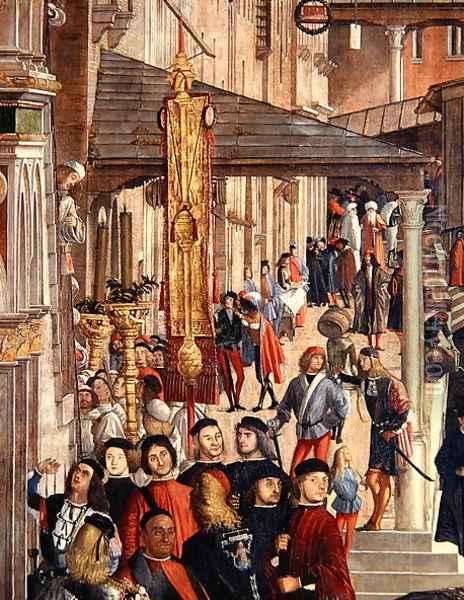 Street Scene, detail from The Miracle of the Relic of the True Cross on the Rialto Bridge, 1494 Oil Painting - Vittore Carpaccio