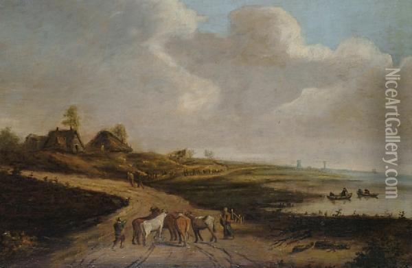 Drovers And Their Cattle On A Riversidepath. Oil Painting - Jan van Goyen