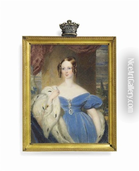 Emily Mary, Countess Of Craven, Nee Grimston (d. 1901), In An Off-the-shoulders Blue Dress With Pearl Pins At Corsage Oil Painting - Henry A. Hawkins