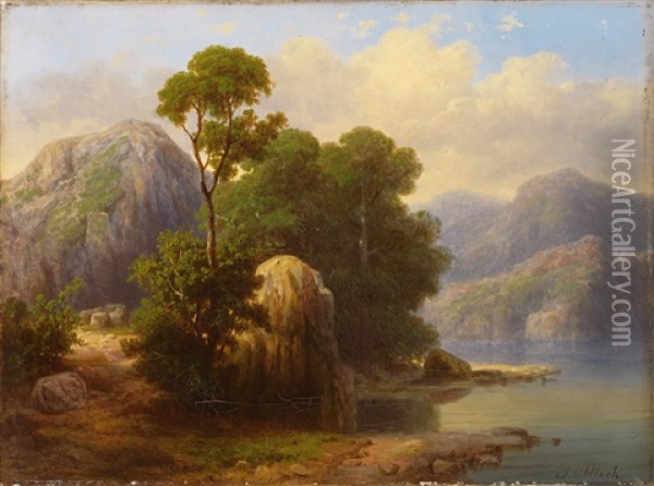 Sommerliche Flusslandschaft Mit Gebirgshintergrund Und Malerischer Baum-/felsgruppe Oil Painting - Johann Heinrich Schilbach
