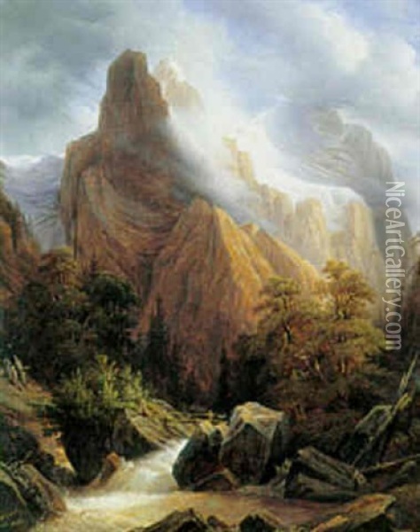 Bjergrigt Landskab, Schweiz Oil Painting - Nicolas Louis Andre Prevost
