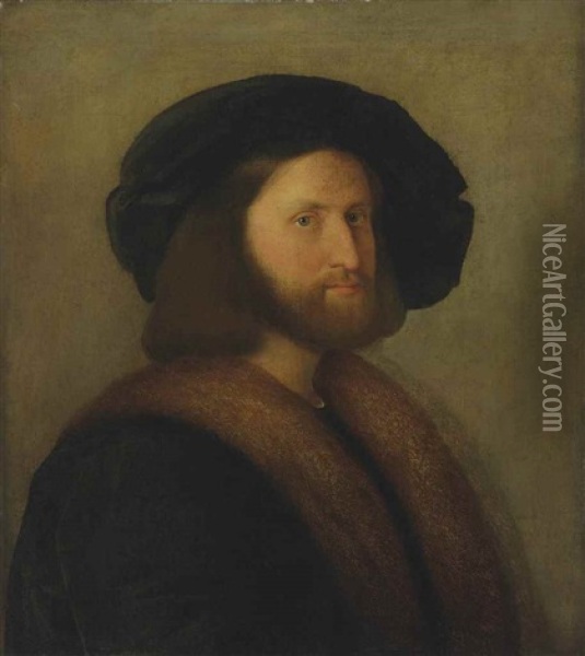 Portrait Of Venetian Gentleman, Half-length, In A Black, Fur-trimmed Cloak And A Black Cap Oil Painting - Jacopo Palma il Vecchio