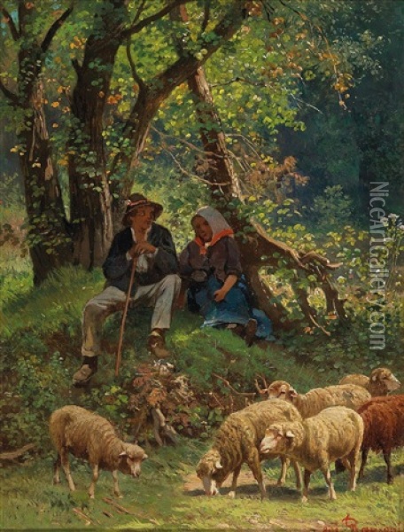 Shepherd Couple Resting By The Woodland