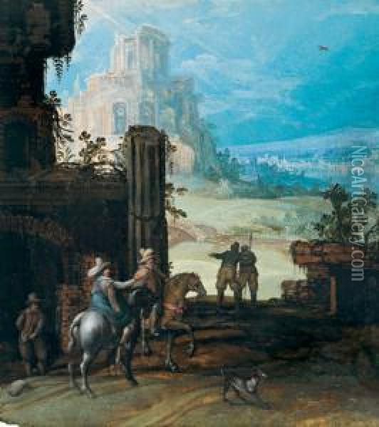 Cavalieri In Un Paesaggio Con Rovine Oil Painting - Willem van, the Younger Nieulandt