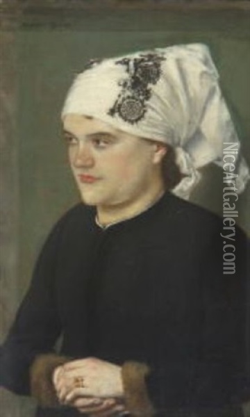 Deutsche Frau Mit Weisem, Gemustertem Kopftuch Oil Painting - Albert von Keller