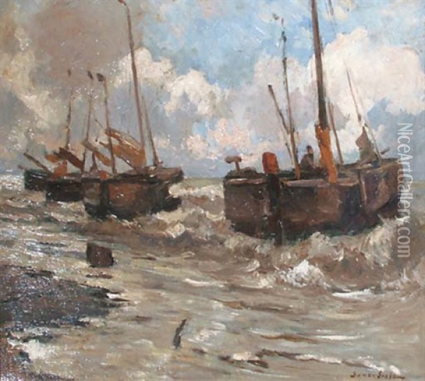 Bomschuiten At Anchor In The Surf Oil Painting - German Grobe