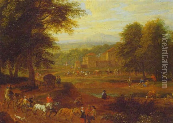 An Extensive Wooded Landscape With A Carriage On A Path And Figures By A Pond, A Castle Beyond Oil Painting - Adriaen Frans Boudewyns the Elder