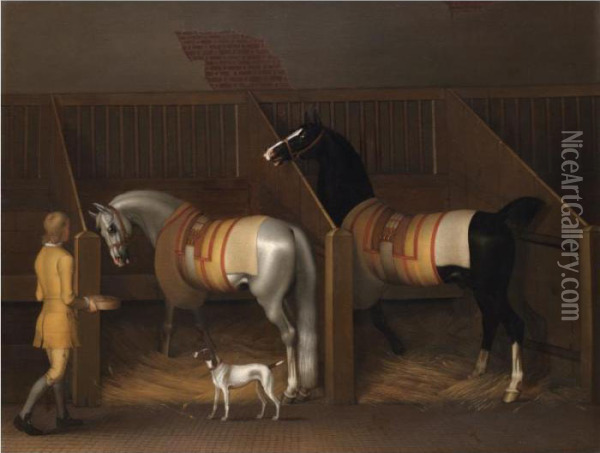 A Groom Feeding Two Horses In A Loosebox With A Dog Oil Painting - James Seymour