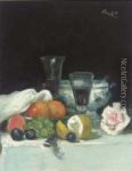 Still Life Of Fruit And A Rose Oil Painting - George Leslie Hunter