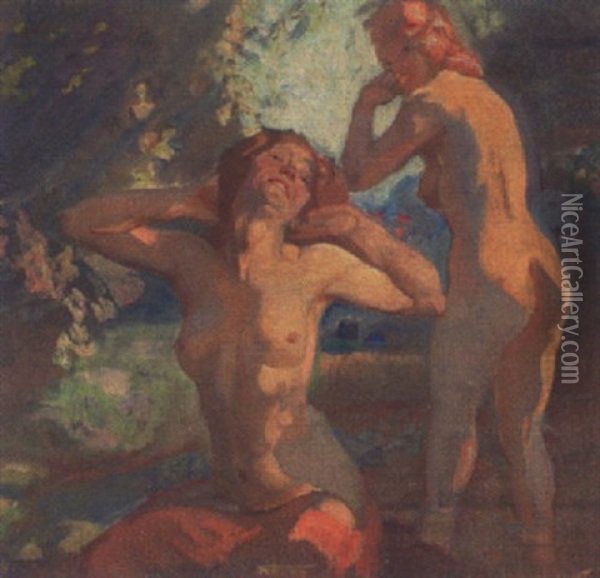Haveexterior Med To Nogne Kvinder Oil Painting - Carl Forup