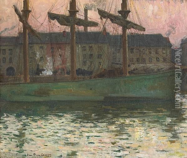 A Fishing Boat In A Harbor At Dusk Oil Painting - Jean-Pierre Laurens