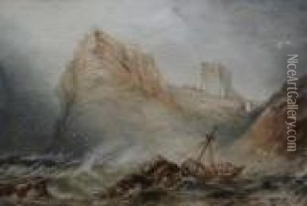 Tantallon Castle With Ship In Distress Oil Painting - Henry Barlow Carter