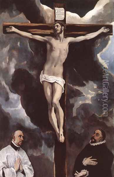 Christ on the Cross Adored by Donors Oil Painting - El Greco (Domenikos Theotokopoulos)
