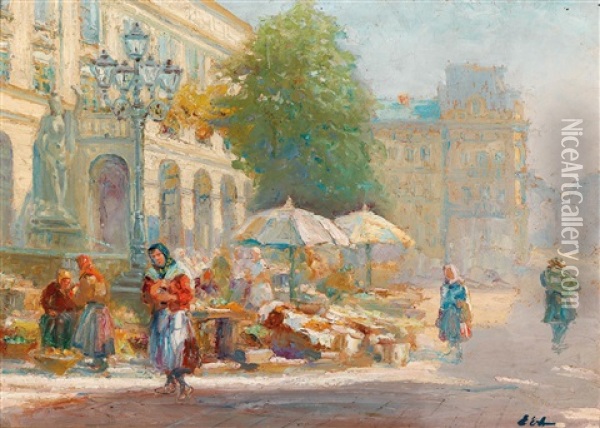 Market In Lviv Oil Painting - Erno Erb