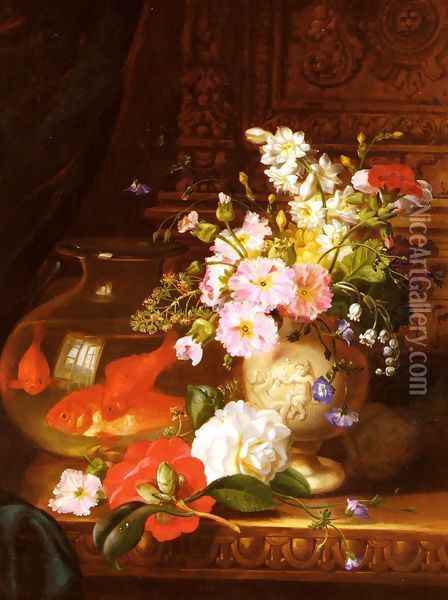 Still Life With Camellias, Primroses And Lily Of The Valley In An Urn By A Goldfish Bowl Oil Painting - John Wainwright