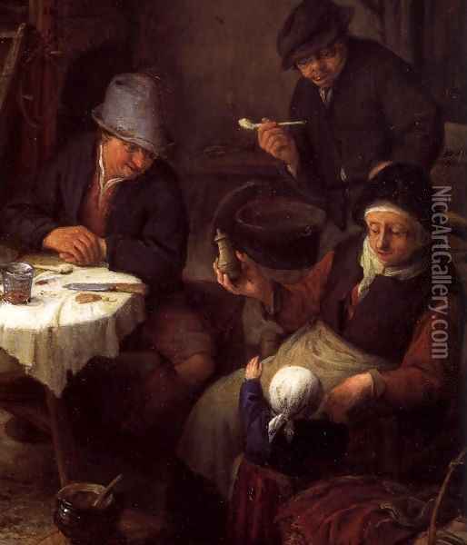 Peasant Family in a Cottage Interior (detail) Oil Painting - Adriaen Jansz. Van Ostade