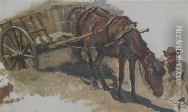 Hungarian Cart With Seated Farmer Oil Painting - August Xaver Carl von Pettenkofen