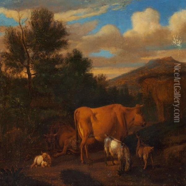Cows, Goats And A Horse In A Landscape Oil Painting - Adrian Van De Velde